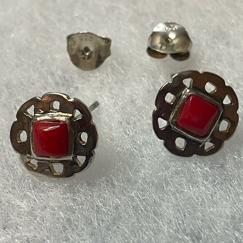 Silpada Red Coral Stud Earrings  .925 Silver